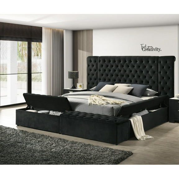 Bed Frame Luxurious 1pc Glam Headboard Upholstered Contemporary Queen Bed Multiple Storage Compartments Wooden Bedroom Furniture Black