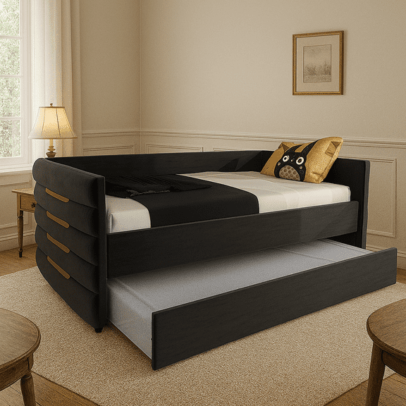 Bed Frame MODERN TWIN SIZE DAYBED WITH TRUNDLE, UPHOLSTERED BLACK VELVET SOFA BED FRAME WITH GOLD ACCENTS, SPACE-SAVING GUEST BED FOR BEDROOM OR LIVING ROOM(OLD SKU:W1867S00004),Platform Bed Frame