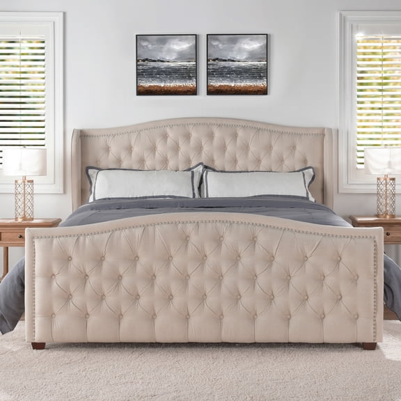 Bed Frame Marcella Upholstered Shelter Headboard Bed Set, King, Sky Neutral Beige Polyester
