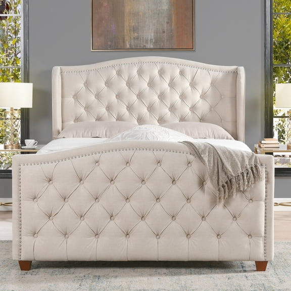Bed Frame Marcella Upholstered Shelter Headboard Bed Set, Queen, Sky Neutral Beige Polyester