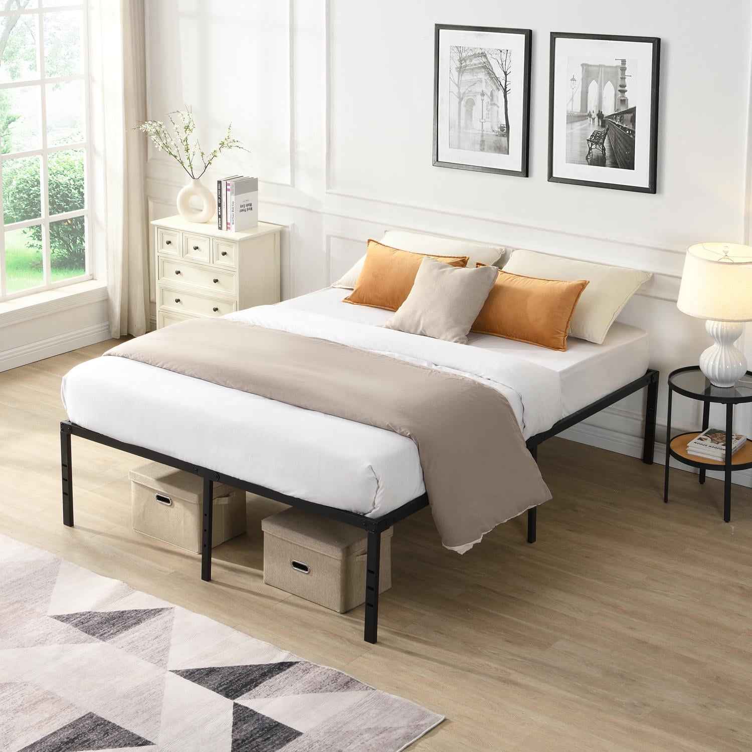Bed Frame, Metal Bed Frame, Queen Size Bed&nbsp;Heavy Duty Platform with Reinforced Steel Slats, Quick Easy Assembly, No Noise, Black, 1000 lbs Weight Capacity, Under Bed Storage