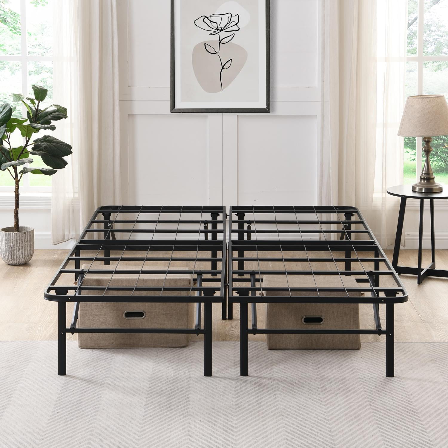 Bed Frame, Metal Bed Frame, Queen Size Platform&nbsp;Folding Bed Frame 14 Inch High with Heavy Duty Steel Slats, Under Bed Storage, Black, Box Spring Replacement, Compact Shipment