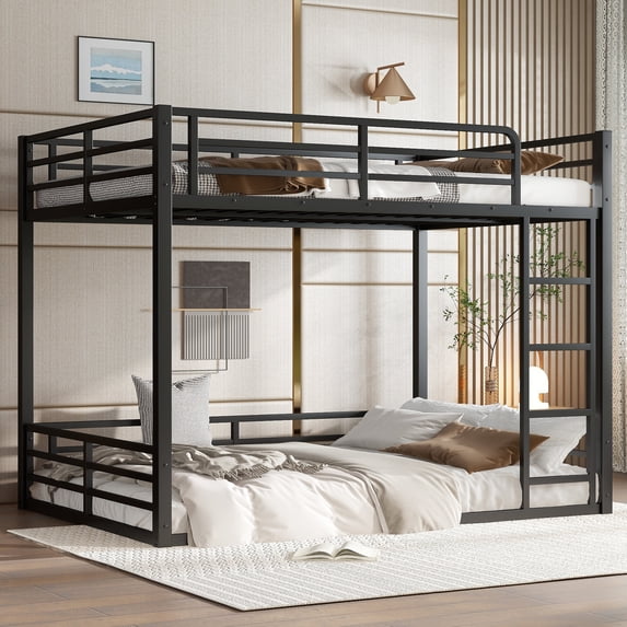 Bed Frame Metal Bunk Bed, Full XL over Full XL Floor Bunk Bed Frame,Heavy-Duty Bunk Bed for , Teens, Adults, Noise-reduced Design, Black,Platform Bed Frame
