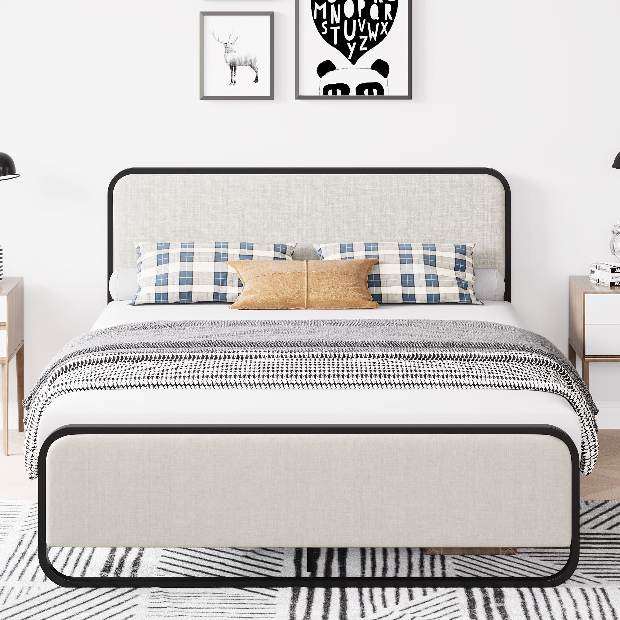 Bed Frame,Metal Platform Bed with Curved Upholstered Headboard