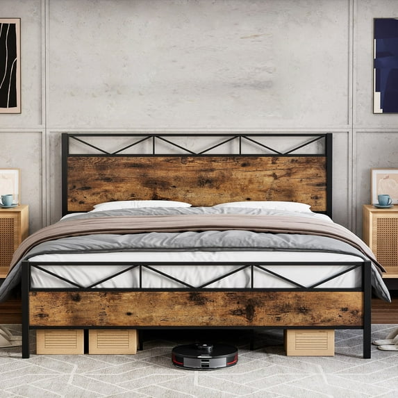 Bed Frame, Metal Platform Bed Frame with Rustic Wood Headboard and Footboard, Sturdy Steel Slat Support, Solid and Noise Free,No Box Spring Needed, Easy Assembly
