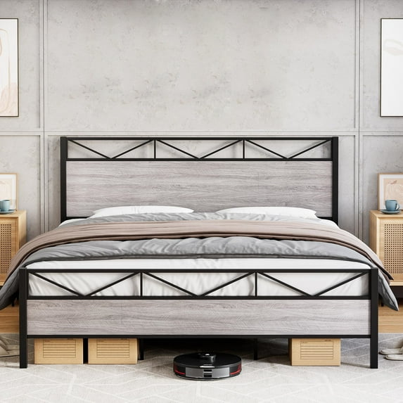 Bed Frame, Metal Platform Bed Frame with Rustic Wood Headboard and Footboard, Sturdy Steel Slat Support, Solid and Noise Free,No Box Spring Needed, Easy Assembly