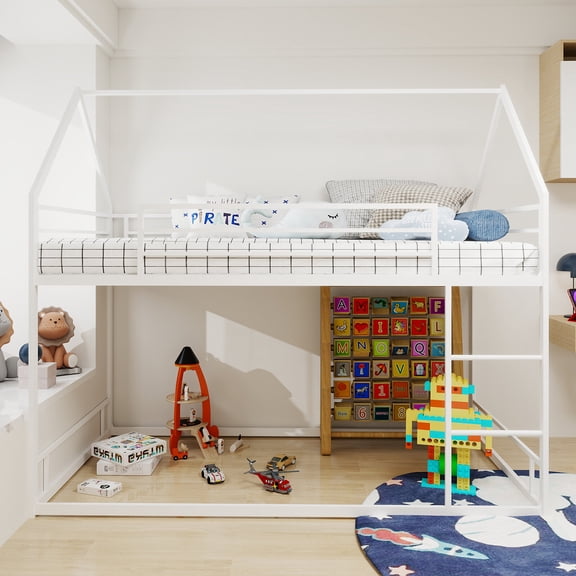 Bed Frame Metal Twin over Twin Bunk Bed/ Heavy-duty Sturdy Metal/ Noise Reduced/ Safety Guardrail/No Box Spring Needed,White,Platform Bed Frame