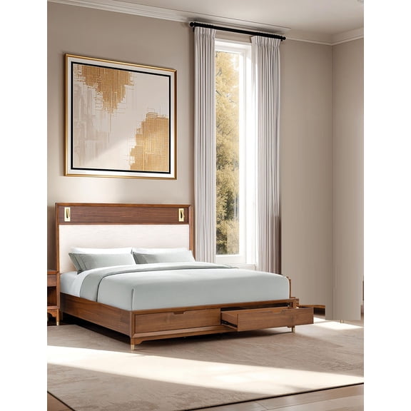 Bed Frame Mid-Century Modern 1pc Eastern King Size Bed w Storage Drawers Walnut Solid wood Upholstered HB Reading Light Bedroom Furniture