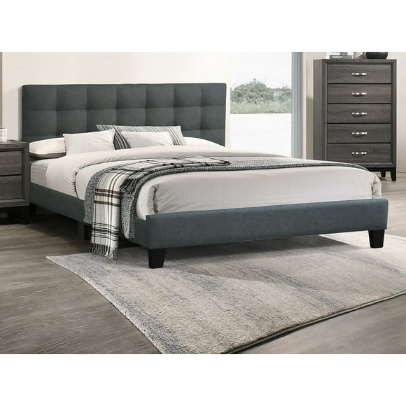 Bed Frame Modern 1pc Eastern king Size Bed Charcoal Polyfiber Headboard Platform Bedframe Bedroom Furniture