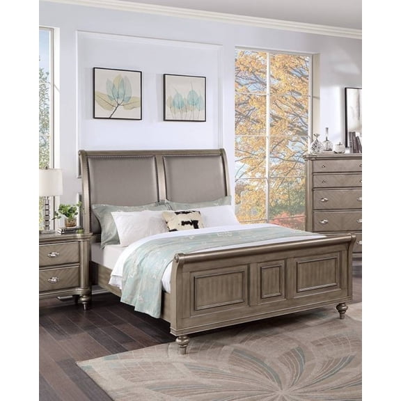 Bed Frame Modern Luxury Style 1pc Queen King Size Bed Two Panel Headboard Antique Silver Finish Bedroom Furniture