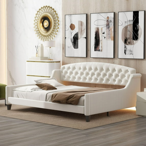 Bed Frame Modern Luxury Tufted Button Daybed, Full, Beige(Old SKU: SM001009AAA,GX001009AAA),Platform Bed Frame
