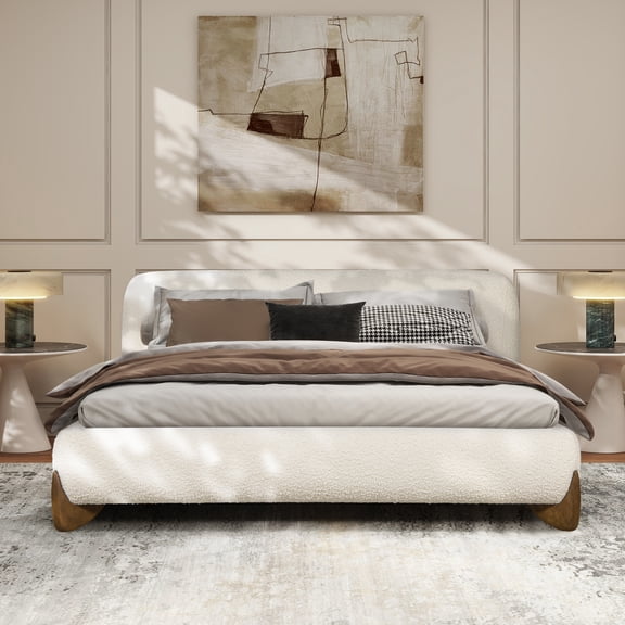 Bed Frame Modern Platform Bed, Queen, Ivory White Boucle