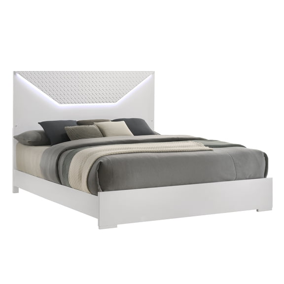 Bed Frame Modern Style Queen Bed Made with LED Headboard & Wood in White