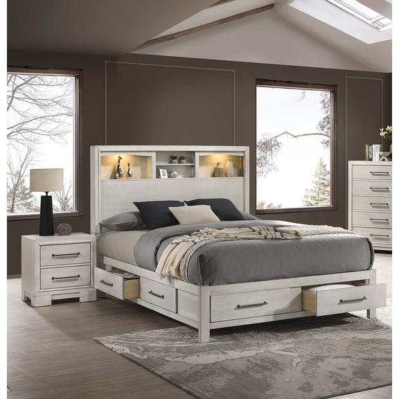 Bed Frame Modern Transitional Style Queen Size 1pc Bed Smooth Gliding Drawers Metal Handles Built In Lights Open Headboard Shelves Antique White Finish Bedroom Furniture