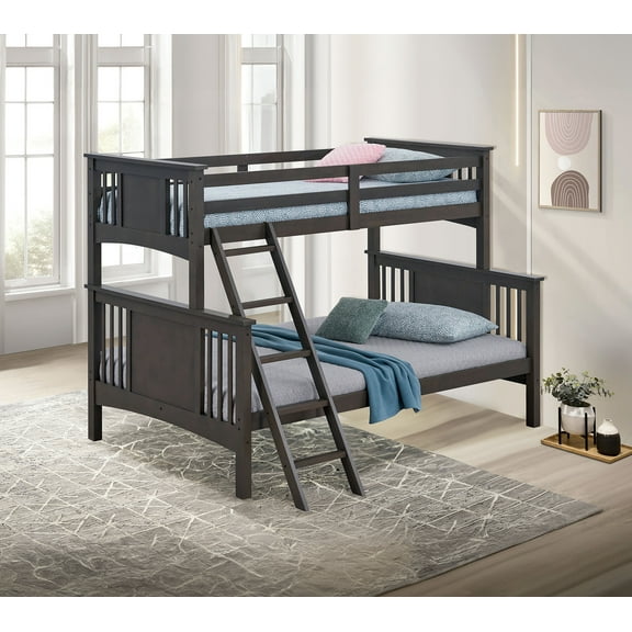 Bed Frame Modern Transitional Style Twin Over Full Bunk Bed With Ladder And Grey Mix Finish