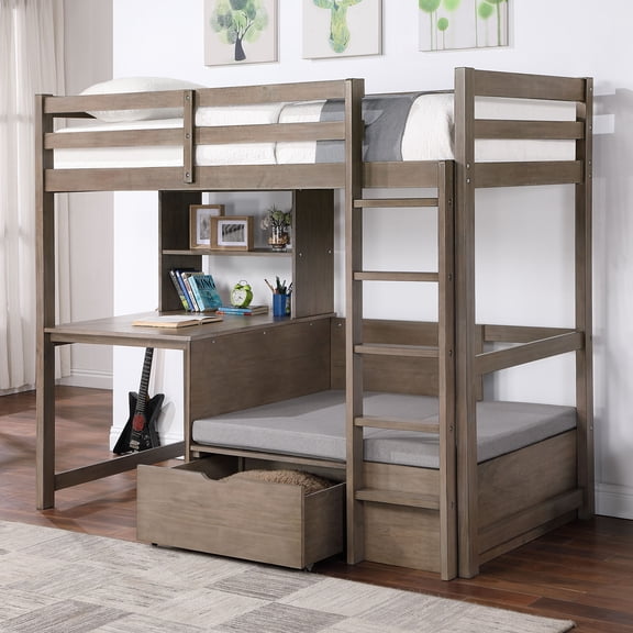 Bed Frame Modern Transitional Twin Over Workstation Loft Bed With Storage Box Attached Ladder Workstation And Bookcase, Warm Grey