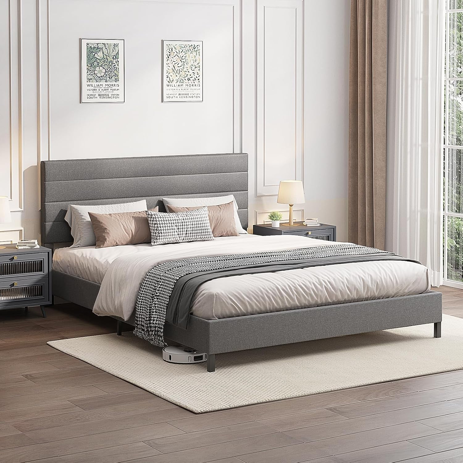 Bed Frame, Modern Upholstered Bed Frame with Adjustable Linen Headboard ...