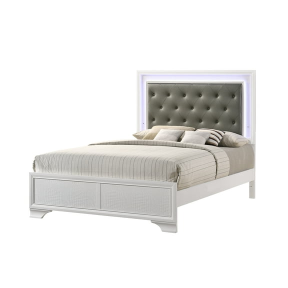 Bed Frame Modern White Skin Finish Upholstered 1pc Queen Size LED Panel Bed Diamond Bedroom Furniture