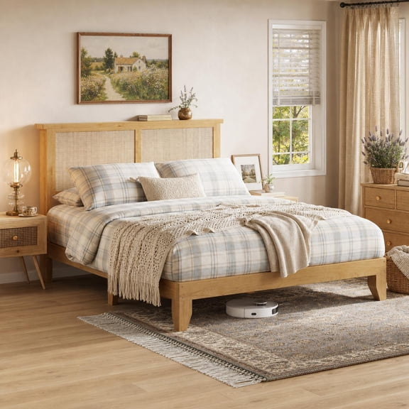 Boho Queen Bed Frame, Rattan Headboard Bed Frame With Led Lights, Noise-Free Platform Light Wood Bed Frame, Easy Assembly, No Box Spring Needed