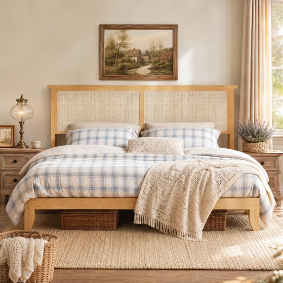 Boho King Bed Frame, Rattan Headboard Bed Frame With Led Lights, Noise-Free Platform Light Wood Bed Frame, Easy Assembly, No Box Spring Needed