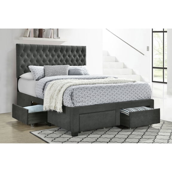 Bed Frame Newport Grey Upholstered 4-Drawer Tufted Eastern King Storage Bed