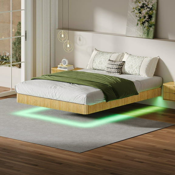 Bed Frame Oak Queen Floating Bed Frame with LED Lights, Wave Curve Wood Texture Bed with Heavy Duty Metal Slats - No Box Spring Needed.,Platform Bed Frame
