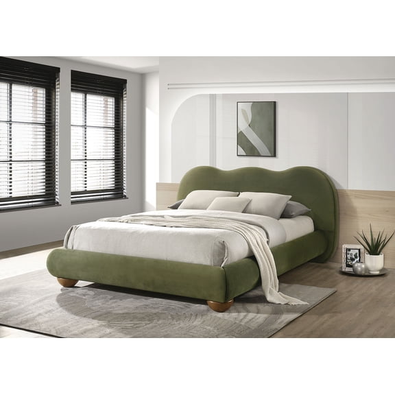 Bed Frame Olive Green Color 1pc Eastern King Size Bed Boucle Upholstered Round Bun Wood Feet Bedroom Furniture