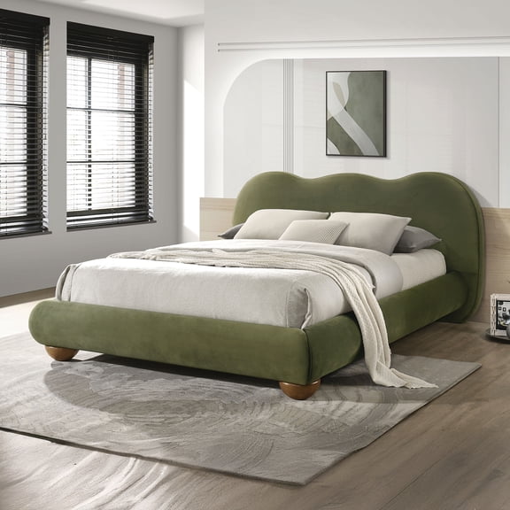 Bed Frame Olive Green Color 1pc Queen Size Bed Boucle Upholstered Round Bun Wood Feet Bedroom Furniture