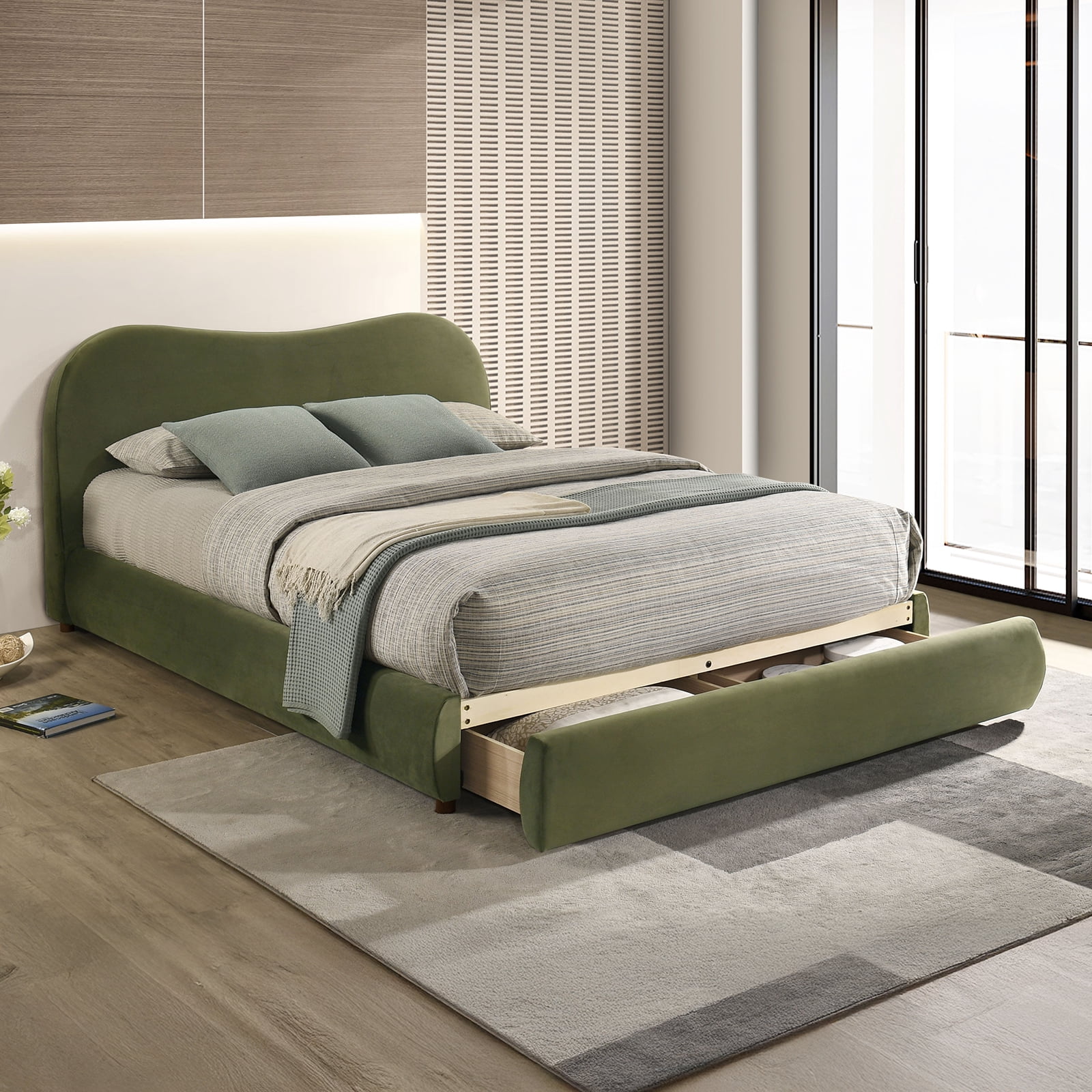 Bed Frame Olive Green Velvet Upholstered 1pc Queen Size Bed Curved Design Headboard Storage FB Bedroom Furniture Bedframe