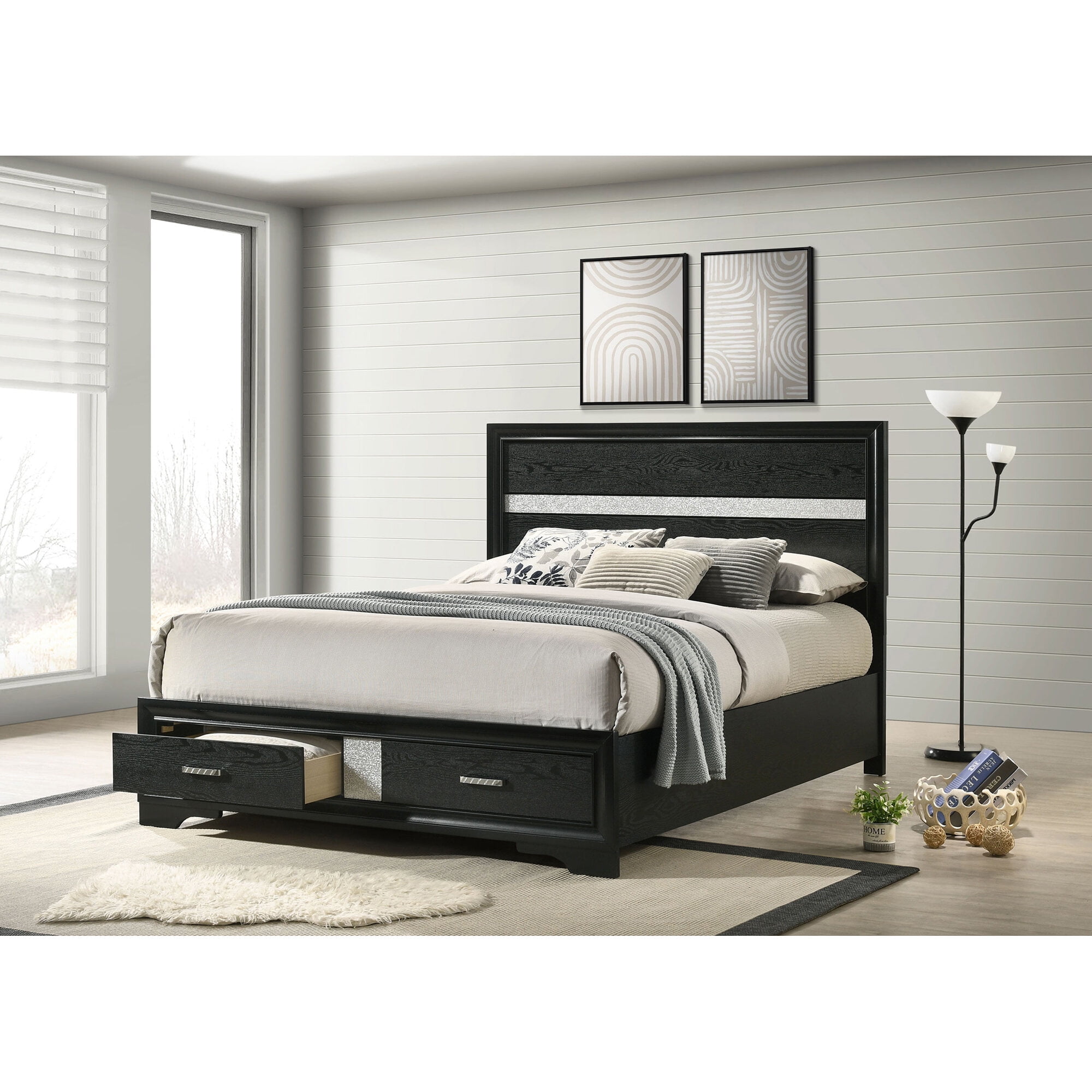 Bed Frame, Orchid Black Queen Storage Panel Bed, Black Platform Bed ...