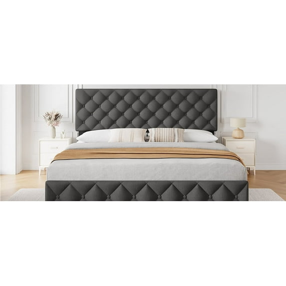 Bed Frame,Platform Bed Frame with 4 Storage Drawers and Headboard,Upholstered Mattress Foundation,Full Size/Queen Size/King Size Wooden Slats Support,No Box Spring Needed, Easy Assembly