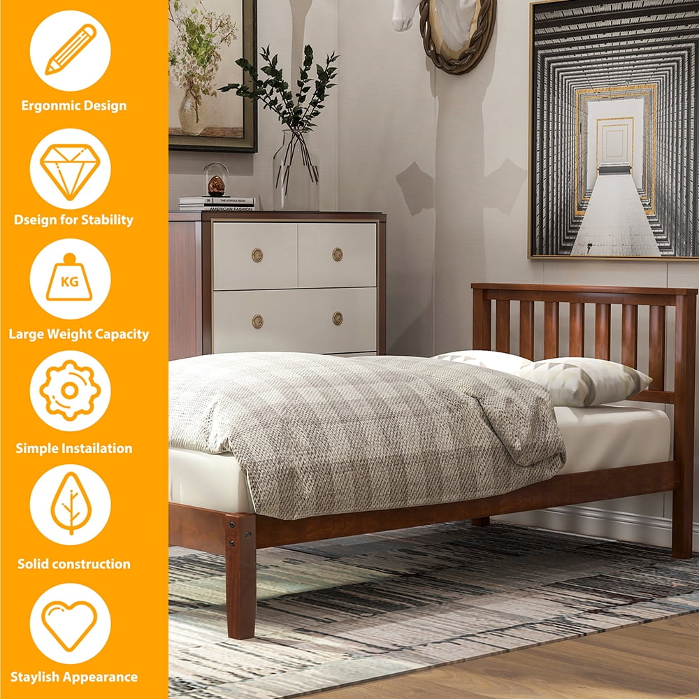 Bed Frame, Platform Beds with Headboard and Wood Slat Support, Twin/Walnut