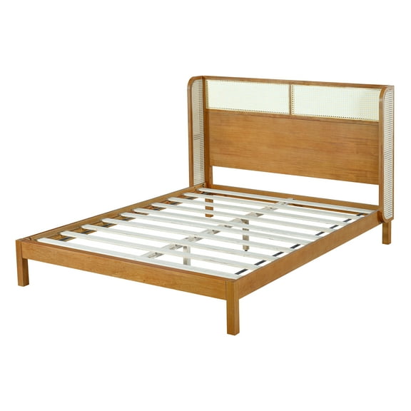Bed Frame Premium Rubber Wood Platform Bed Frame, Queen Bed Frame with Headboard Included, Mid Century Modern Bed With Natural Color,Platform Bed Frame