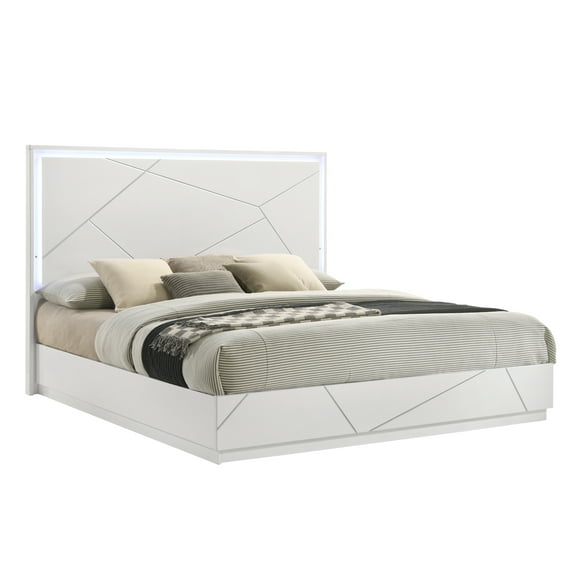 Bed Frame Queen Bed  Contemporary Geometric Design with LED Lighting High-Gloss Lacquer Finish, Durable Minimalist Style for Modern Bedrooms