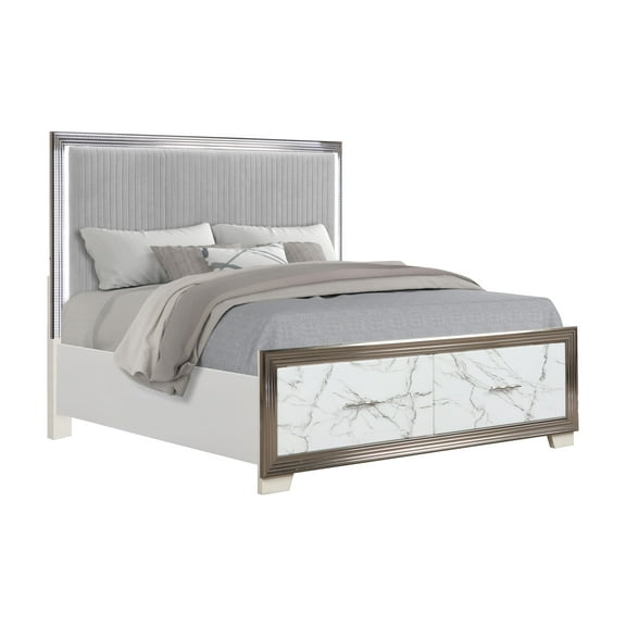Bed Frame Queen Bed Upholstered LED Headboard with Marble-Patterned Footboard Storage and Metallic Trim for a Chic Modern Bedroom Statement