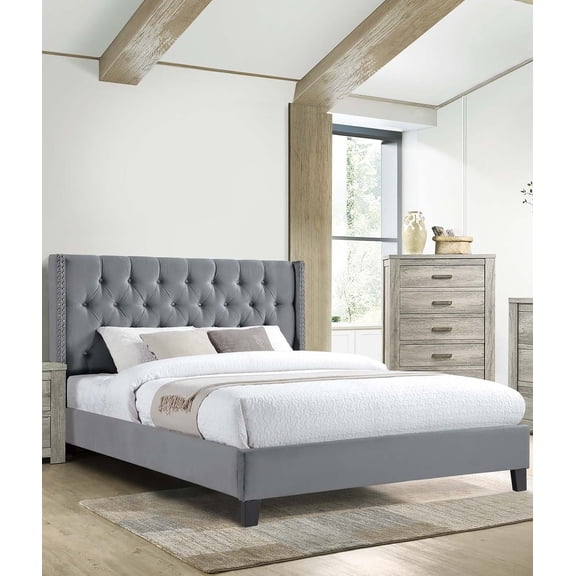 Bed Frame Queen Size 1pc Bed Nailhead Head Trim Diamond Tufted Headboard Gray Finish Bedroom Furniture