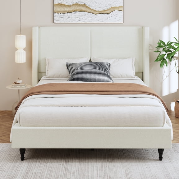 Bed Frame Queen Size Bed Frame with 55.5"High Back Upholstered Headboard,Boucle Fabric,12 Slat Support,Thickened Side Panels,Solid Wood Feet,No Box Spring Needed(White)