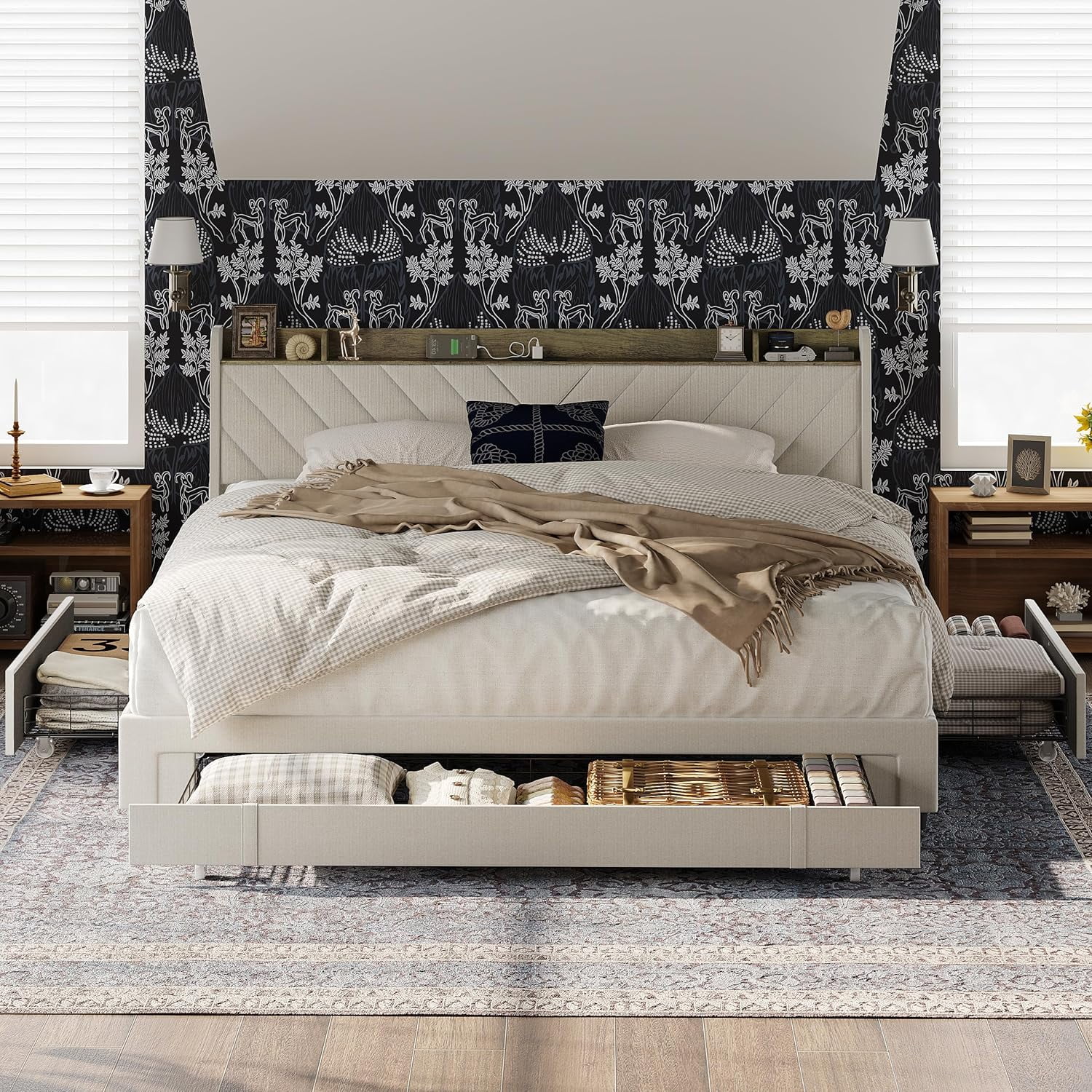 Bed Frame Queen Size with Headboard, Upholstered Platform Bedframe with