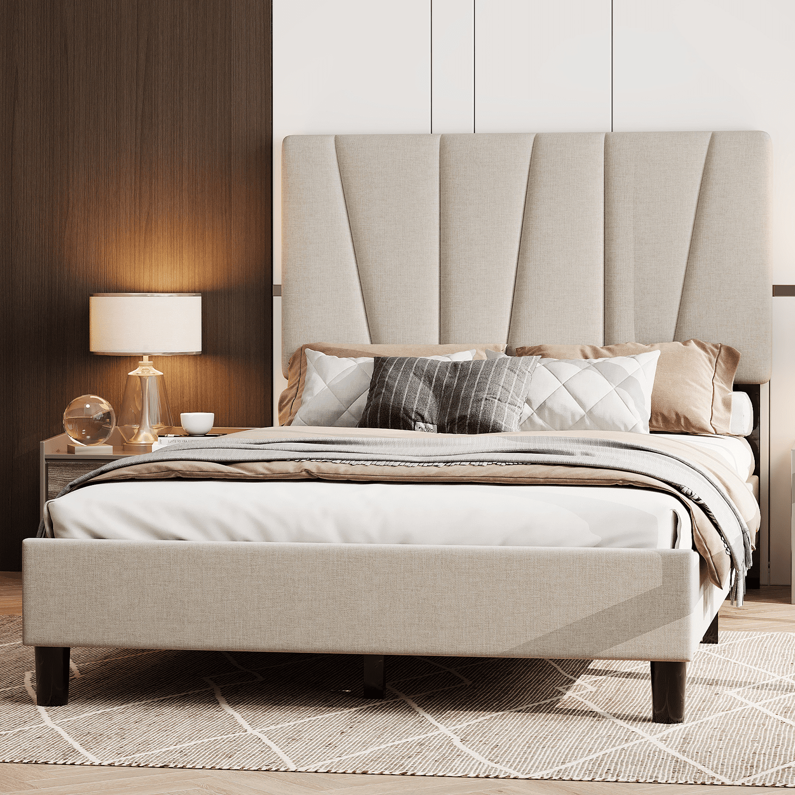 Bed Frame Queen Size, Linen Upholstered Bed Frame with Headboard, Modern Mattress Foundation with Wooden Slats Supports, Bed Noise Free, Adjustable Height, Easy Assembly, No Box Spring Needed