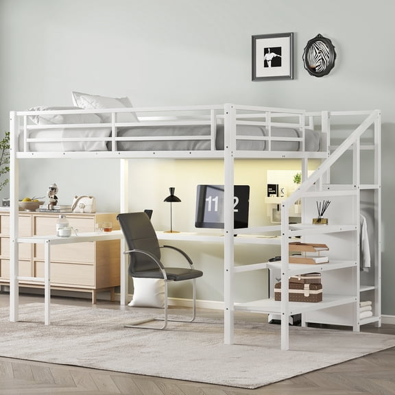 Bed Frame Queen Size Loft Bed with L-shaped Desk and USB, Metal Loft Bed with Wardrobe and Adjustable Shelf, High Loft Bed with LED for Teens Adults, White,Platform Bed Frame