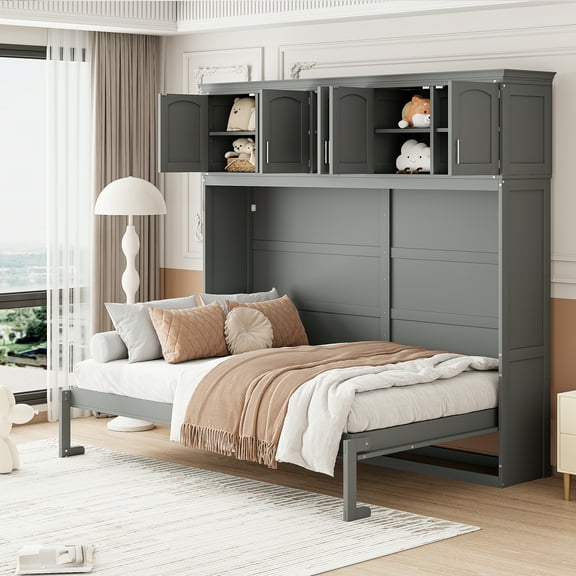 Bed Frame Queen Size Murphy Bed Wall Bed with Top Cabinets,Gray(OLD SKU :LP006665AAE)
