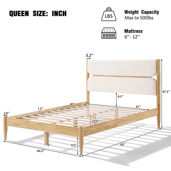 Bed Frame Queen Size Solid Wood Bed Frame With Fleece Upholstered Headboard, Ivory,Platform Bed Frame