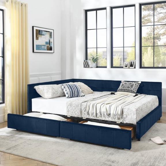 Bed Frame Queen Size Storage Upholstered Tufted Bed Frame, Sofa Bed Frame with Comfortable Backrest and Armrests, Queen Size Bed for Bedroom, Living Room,Velvet, DARK BLUE(85.5''*64.5''*29.5''),Platf