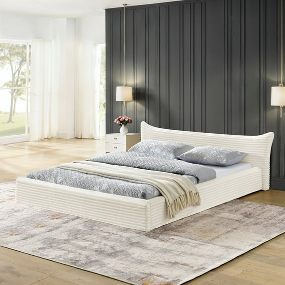 Bed Frame Queen Size Upholstered Bed FrameAnd velvet fabric,Grounded Platform Bed with Decorative Curved Headboard and Solid Wood Frame, No Box Spring Required-Beige(68''*87.75''*24.25''),Platform Be