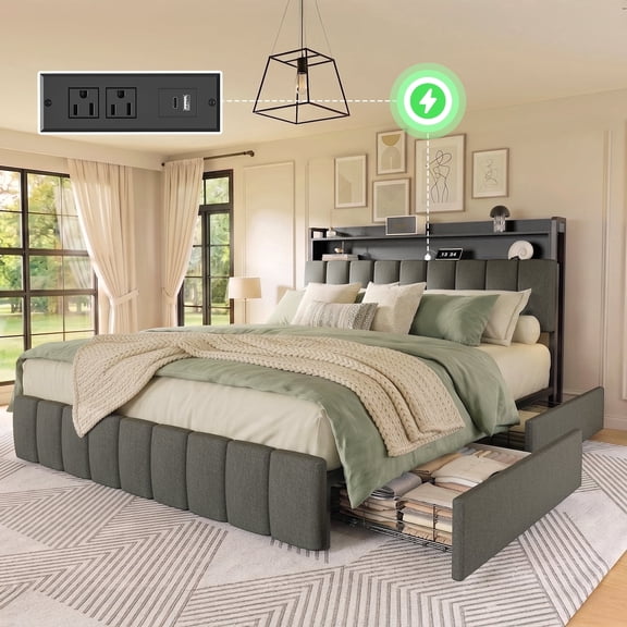 Amadwell Queen Size Bed Frame with Charging Station, Mueenetal Platform Bedframe with 2-Tier Storage Headboard, 4 Storage Drawers, Noise-Free/Metal Support/No Box Spring Needed, Grey