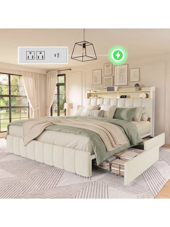 Queen Size Bed Frame with Charging Station, Mueenetal Platform Bedframe with 2-Tier Storage Headboard, 4 Storage Drawers, Noise-Free/Metal Support/No Box Spring Needed, Beige