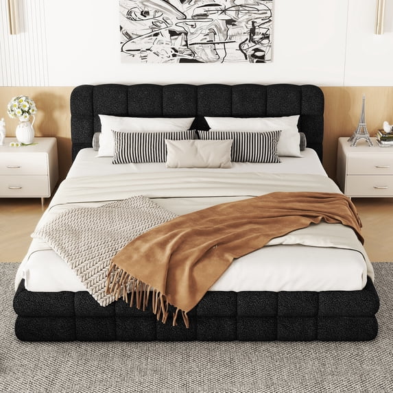 Bed Frame Queen Size Upholstered Platform Bed, Black