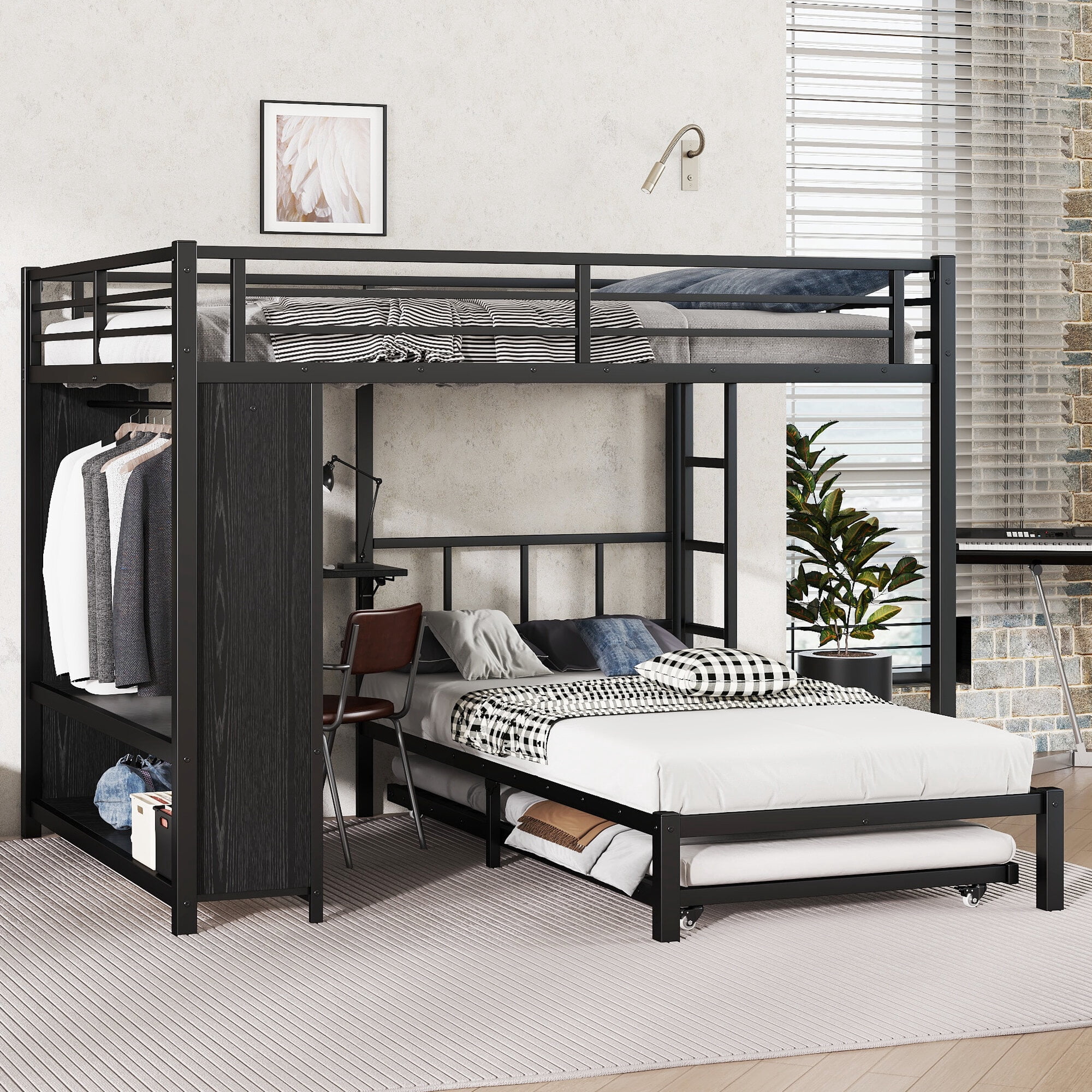 Bed Frame Queen over Twin Bunk Bed with Built-in Wardrobe, Metal Bunk