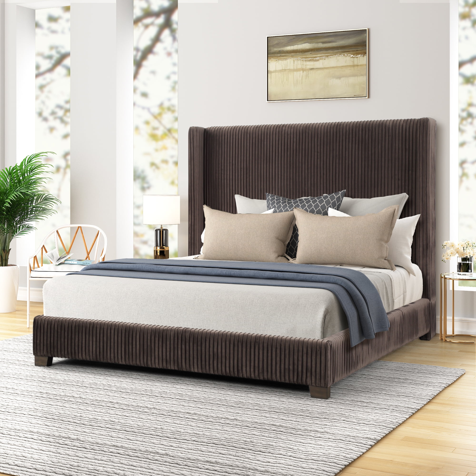 Bed Frame Queen Upholstered Bed In a Box Dark Brown