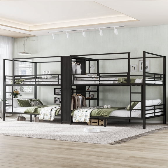 Bed Frame Queen size Quadruple Metal Bunk Bed,Quadruple Metal Bunk Bed with Built-in Storage Shelves & Wardrobe,Sturdy Metal Frame with Noise-reduced Design,Black,Platform Bed Frame